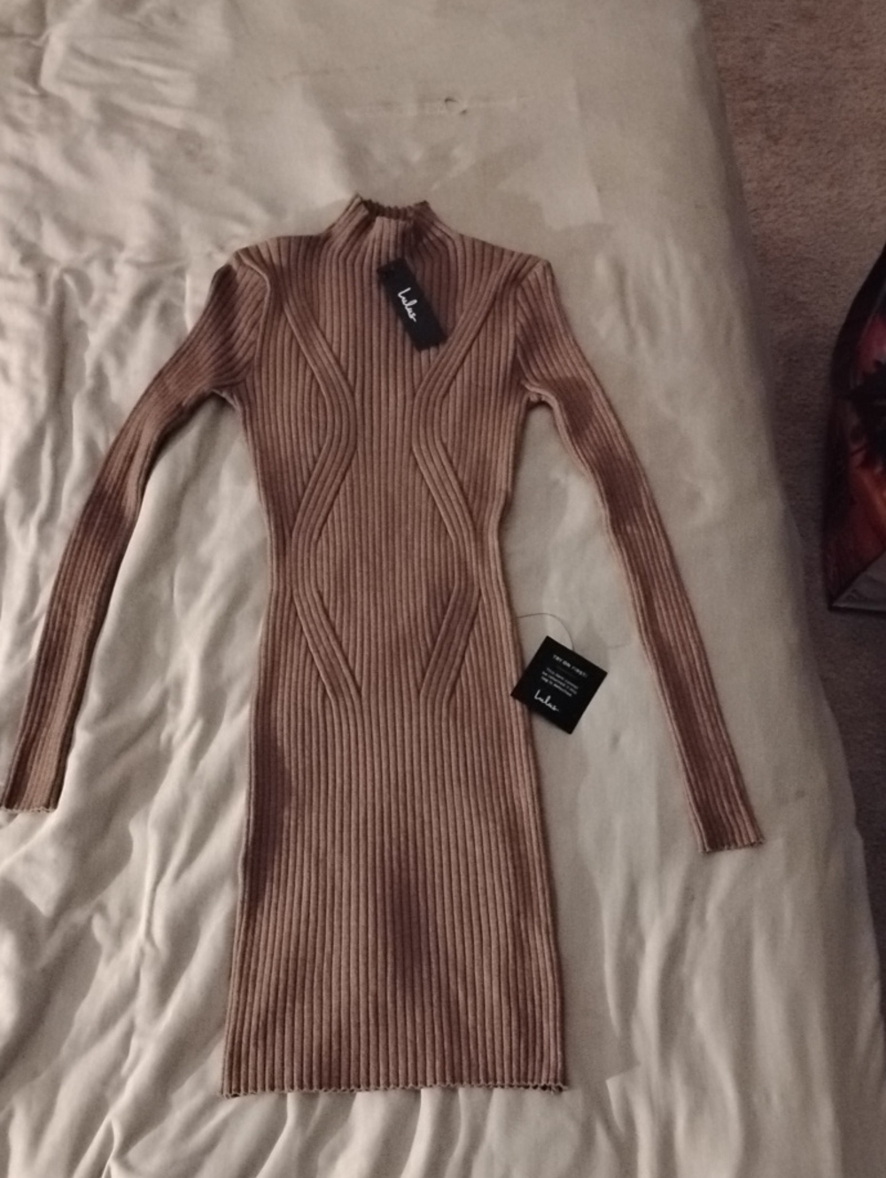Lulu's Ribbed Mock Neck Bodycon Dress in Brown